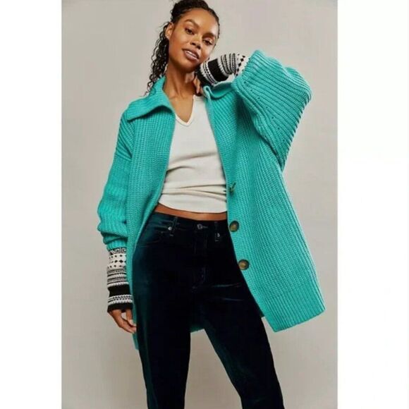 Free People NWT Swim Too Deep Oversized Cardi in Turqoise - oversize XS $158 - Picture 1 of 9